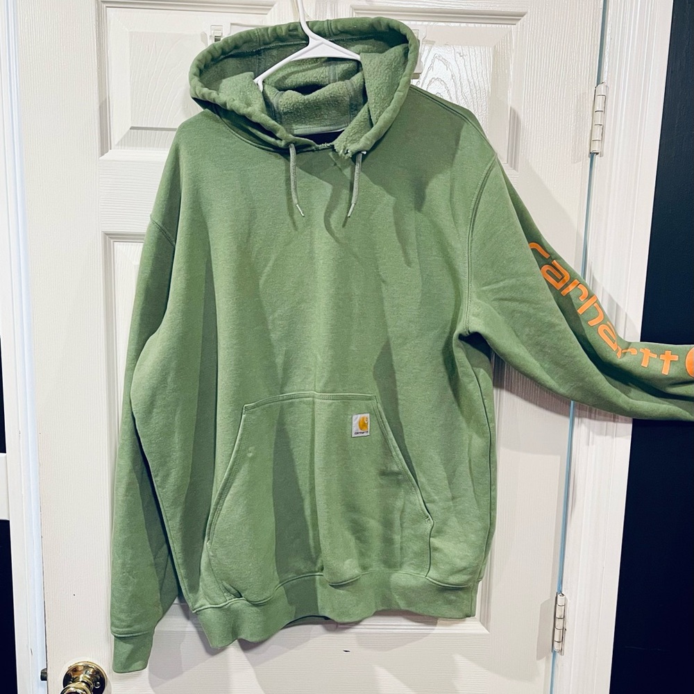Carhartt Hooded Sweatshirt | Green /w Orange Logo | Durable Workwear - Picture 2 of 7